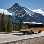 **A scenic shot of a local bus traveling through the Canadian Rockies, with snow-capped peaks in the background. Focus on the affordability and accessibility of local bus companies.**