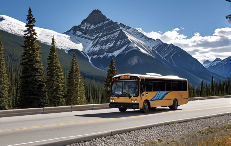 **A scenic shot of a local bus traveling through the Canadian Rockies, with snow-capped peaks in the background. Focus on the affordability and accessibility of local bus companies.**