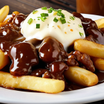 A close-up, highly appetizing shot of a perfect classic poutine. Golden, crispy french fries are generously smothered in a rich, dark brown gravy, which appears steaming hot and deliciously thick. Interspersed among the fries are fresh, white cheese curds, some slightly softened and glossy from the gravy's heat, while others retain their distinctive irregular shape, emphasizing their unique texture. The lighting is warm and inviting, highlighting the steam and the deliciousness of the dish, set on a simple, rustic table, evoking comfort and authenticity.