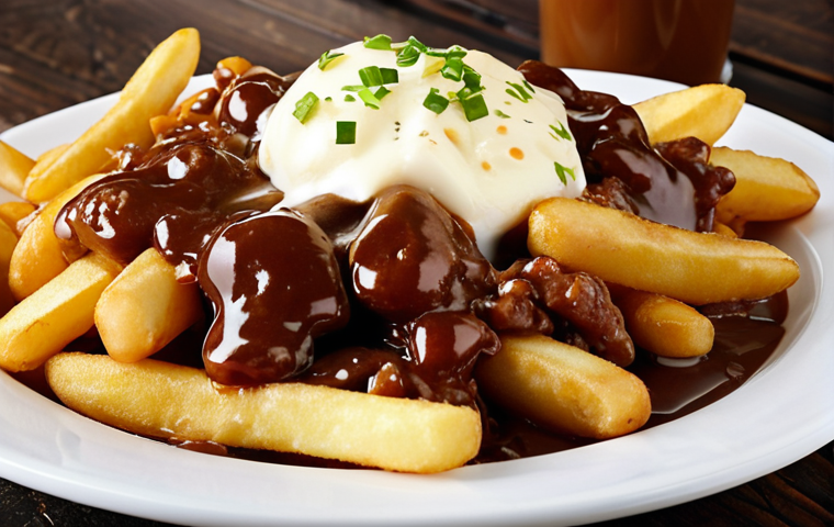 A close-up, highly appetizing shot of a perfect classic poutine. Golden, crispy french fries are generously smothered in a rich, dark brown gravy, which appears steaming hot and deliciously thick. Interspersed among the fries are fresh, white cheese curds, some slightly softened and glossy from the gravy's heat, while others retain their distinctive irregular shape, emphasizing their unique texture. The lighting is warm and inviting, highlighting the steam and the deliciousness of the dish, set on a simple, rustic table, evoking comfort and authenticity.