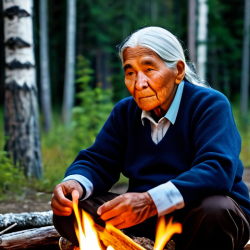 A respected Indigenous elder, fully clothed in traditional, modest attire, seated gracefully by a crackling campfire in a serene Canadian forest. The elder is engaged in storytelling, with a peaceful and wise expression, their hands naturally posed. The forest background is softly blurred, emphasizing the subject. The scene is illuminated by the warm glow of the fire, creating an intimate atmosphere. This is a safe for work, appropriate content, fully clothed, family-friendly image, with perfect anatomy, correct proportions, well-formed hands, and natural body proportions, captured with professional photography, high quality.