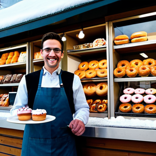 Cozy Canadian Donut Shop**

A warmly lit, inviting Canadian coffee shop interior. Shelves are filled with a colorful assortment of donuts: maple glazed, chocolate frosted, and some with unique toppings like bacon and sprinkles. A friendly barista, fully clothed in appropriate work attire, is handing a "double-double" coffee and a donut to a smiling customer. Outside, it's a snowy winter day. "Safe for work", "appropriate content", "fully clothed", "professional", perfect anatomy, correct proportions, well-formed hands, natural body proportions.

**