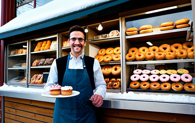 Cozy Canadian Donut Shop**
A warmly lit, inviting Canadian coffee shop interior. Shelves are filled with a colorful assortment of donuts: maple glazed, chocolate frosted, and some with unique toppings like bacon and sprinkles. A friendly barista, fully clothed in appropriate work attire, is handing a "double-double" coffee and a donut to a smiling customer. Outside, it's a snowy winter day. "Safe for work", "appropriate content", "fully clothed", "professional", perfect anatomy, correct proportions, well-formed hands, natural body proportions.
**