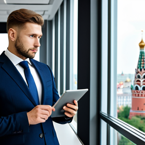 The Successful Alumnus**

"A confident businessman in a modern office setting, fully clothed in a tailored business suit, standing near a window overlooking Moscow city. He is holding a tablet displaying financial data. Professional attire, safe for work, appropriate content, perfect anatomy, correct proportions, natural pose, professional, high quality."

**