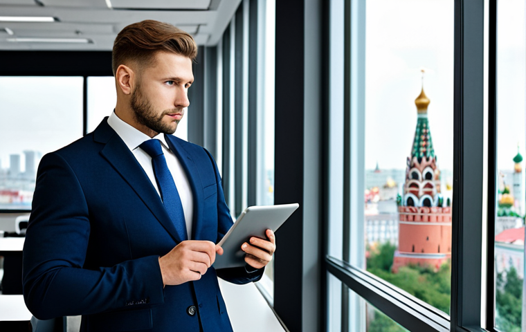 The Successful Alumnus**
"A confident businessman in a modern office setting, fully clothed in a tailored business suit, standing near a window overlooking Moscow city. He is holding a tablet displaying financial data. Professional attire, safe for work, appropriate content, perfect anatomy, correct proportions, natural pose, professional, high quality."
**